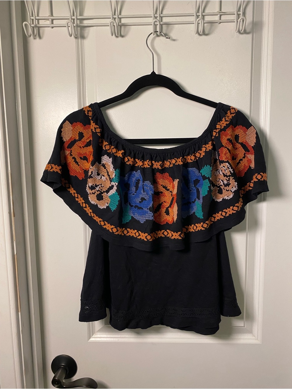 Free People Black Off-Shoulder Top with Multicolor Floral Embroidery